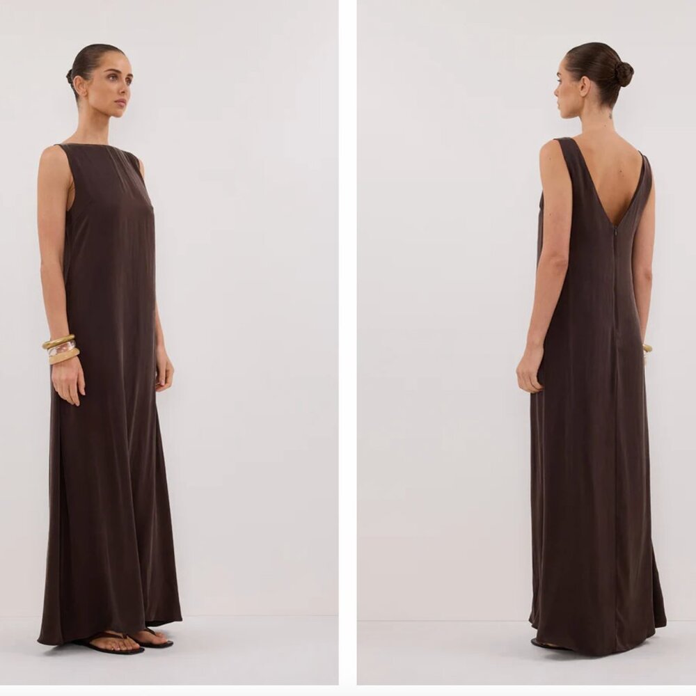 DISSH LAYLA BITTER CHOC SILK MIDI DRESS NWT